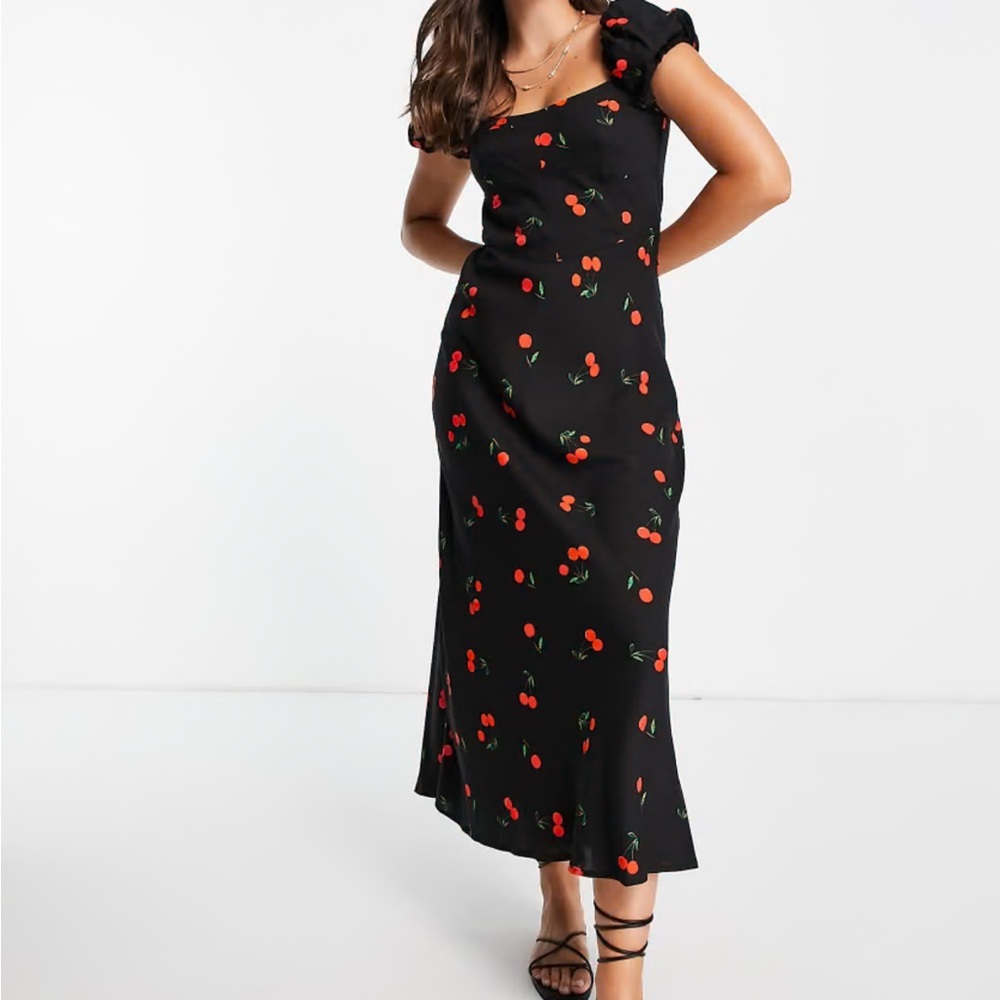 ASOS US 4 Corset Midi  milkmaid/sweetheart Black Cherry Print Dress zip up